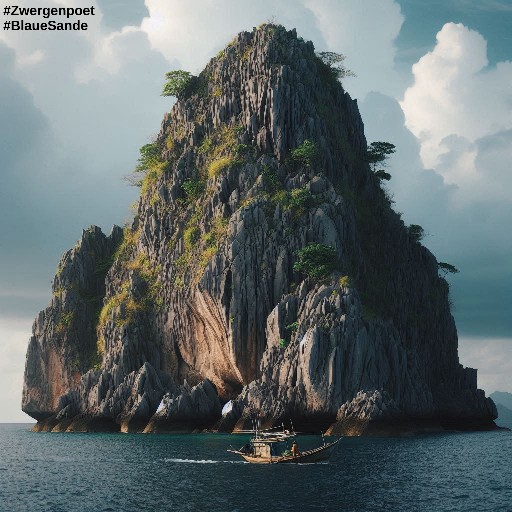 Die steinige tropische Insel ragt wie ein schroffer Felsen mitten aus dem Meer. Auf dem Wasser schwimmt ein kleines Fischerboot.